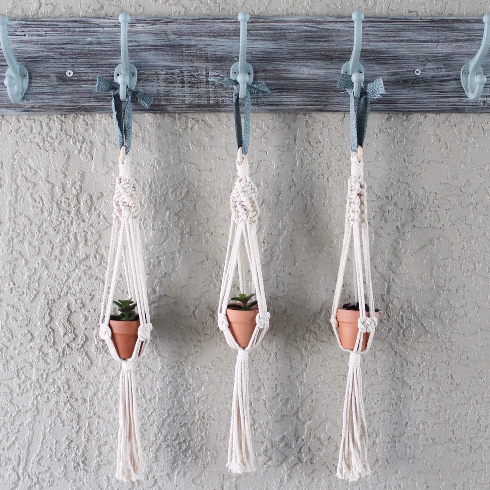 Small Macrame Plant Hangers, Set of 3, with pots